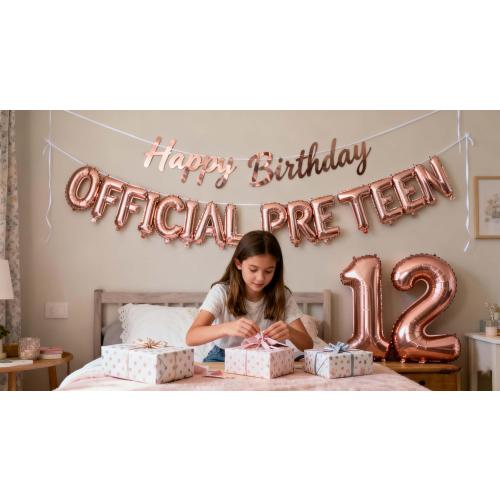 12th Birthday Decorations for Girls, Official Pre-Teen 12th Birthday Balloon 12th Birthday Banner Number 12 Foil Balloons for Her 12 Years Old Birthday Daughter Supplies Girls(12th Rose gold)