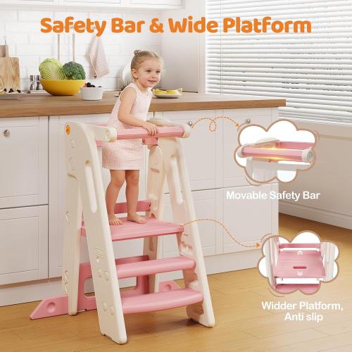 Onasti Folding Toddler Kitchen Tower, Kids Kitchen Step Stool for Learning with Movable Safety Rail, Non-Slip Surface, Easy Assembly for Parents & Grandparents-Pink