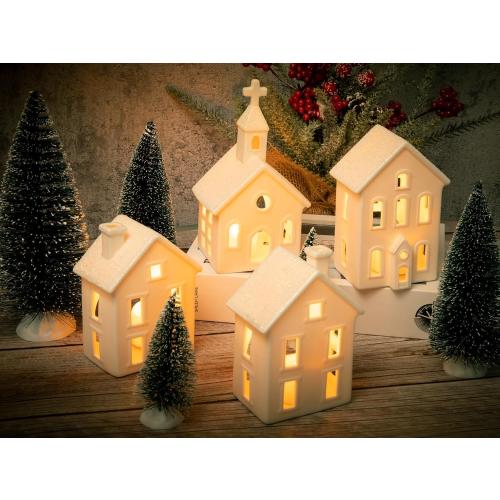 9 Pcs Christmas Village Figurines Sets - 4 Lighted Ceramic Houses with Remote Control & 5 Trees - Christmas Decorations Indoor - White Xmas Holiday Farmhouse Rustic Decor for Home Table Room