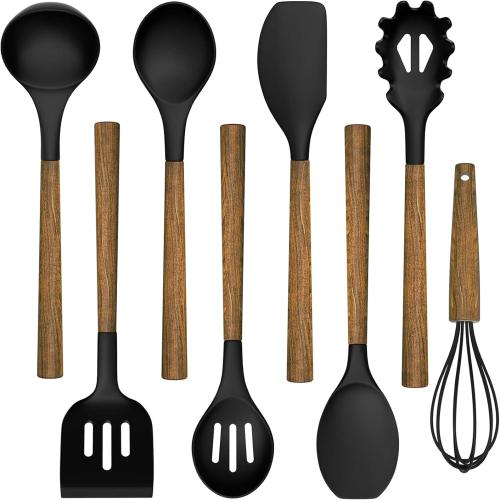 Silicone Cooking Utensil Set, Umite Chef 8-Piece Kitchen Utensils Set with Natural Acacia Wooden Handles,Food-Grade-Silicone Kitchen Gadgets Spatulas Set for Nonstick Cookware- Black ( 1 missing)