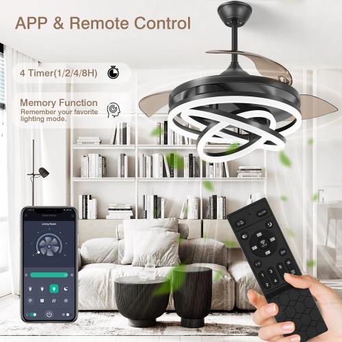 TXCSLY Retractable Ceiling Fan, 42 Inch Chandelier Ceiling Fans with Light, Modern Fandelier Ceiling Fan for Bedroom Living Room Dinning Room, Reverse Motor, 3 Color Temperature, 6 Wind Speed-Black