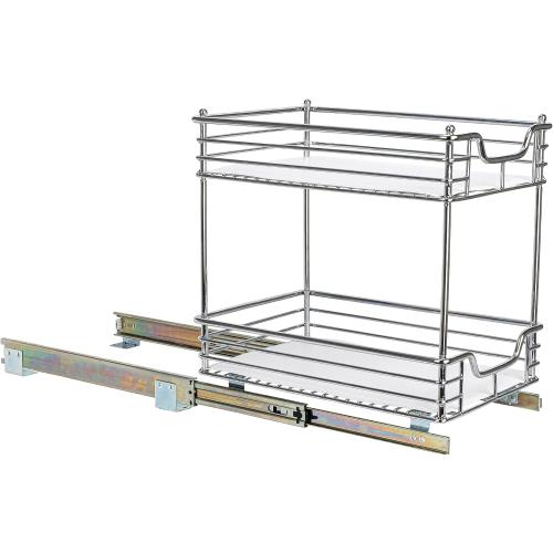 Household Essentials Glidez Multipurpose Chrome-Plated Steel Pull-Out/Slide-Out Storage Organizer with Plastic Liner for Under Cabinet Use - 2-Tier Design - Fits Standard Size Cabinet or Shelf, Chrome