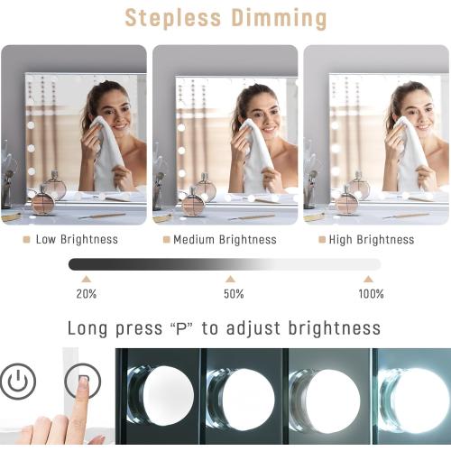 Hollywood Vanity Mirror with Lights, Tabletop Makeup Mirror with 20 Dimmable LED Bulbs, 3 Color Lighting Modes, Vanity Mirror for Bedroom, Touch Control, Tabletop or Wall-Mounted, White