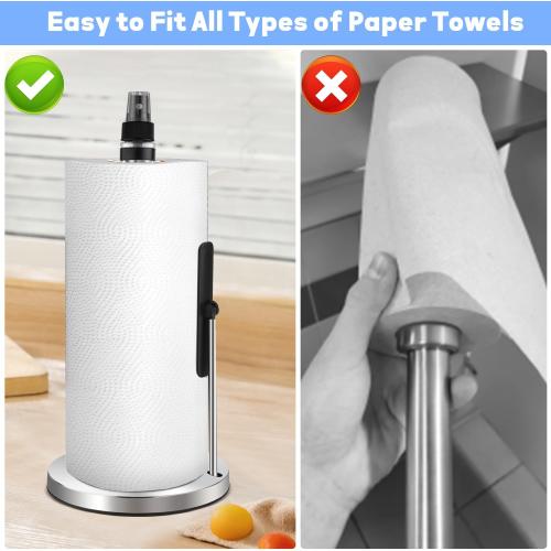 DAWNER Standing Paper Towel Holder with Spray Bottle, Weighted Base with Suction Cups, Paper Towel Stand with Spring-Loaded Arm for Kitchen, Countertop, Stainless Steel Brushed Nickel Finish