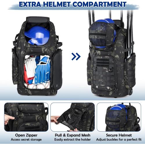 Rolling Baseball Bag with Wheels, Softball Catchers Gear Bags for 4 Bats, Portable Baseball Catcher Bag with Shoe Compartment, Holds All Softball Baseball Equipment