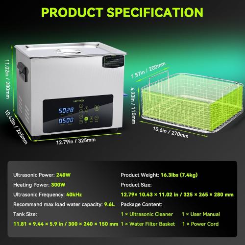 Ultrasonic Cleaner, One-Touch Cleaning,Heating, Deep Mode, ECO Energy-Saving Ultrasonic Cleaning Machine Excellent for Labs,Carburetor,Jewelry,Dentures,Automotive & Industrial Parts. (10L)