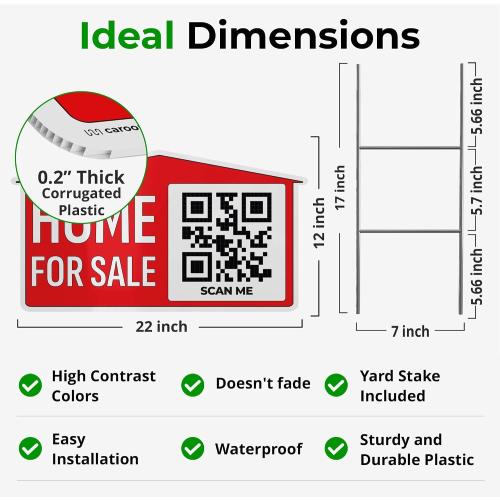 22×12 Home For Sale Sign (1-Pack) - Weatherproof, Double-Sided | Corrugated Plastic | Stakes & QR App Included
