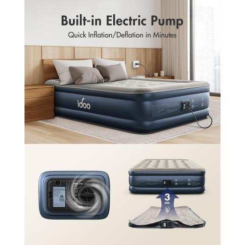 iDOO Queen Air Mattress with Built in Pump, 18 Raised Comfort Inflatable Blow up Mattress, Upgraded Four Chamber Portable Air Bed for Camping, Guests and Home, Colchon Inflable, 650 lbs Max