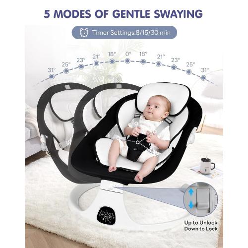 Electric Baby Swings for Infants to Toddler Baby Swing with 5-Speed 3-Seat Positions 5-Point Carabiner,with Bluetooth Music 10-Preset Melodies (Black White)