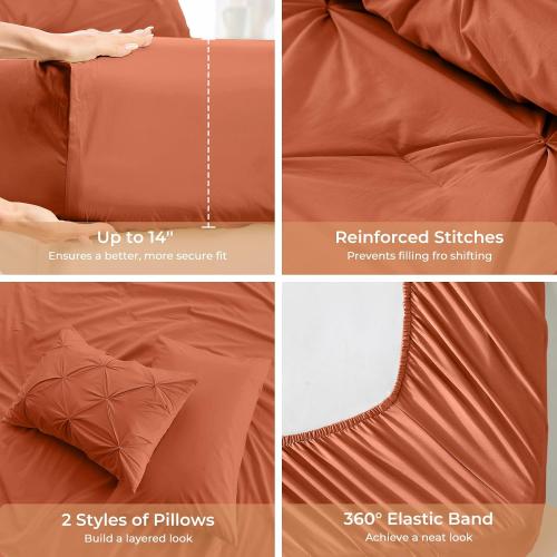 Sasttie King Size Comforter Set, 7-Piece Bed in a Bag, Pintuck Bedding Set for All Season, Includes Comforter, Flat Sheet, Fitted Sheet, Pillowcases and Pillowshams, Burnt Orange
