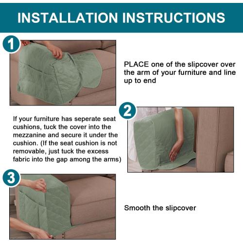 Turquoize 2 Pack Waterproof Armrest Covers for Chairs and Sofas - Couch Arm Covers with Side Pocket Anti-Slip Furniture Protector Washable Slipcovers Set of 2, Sage
