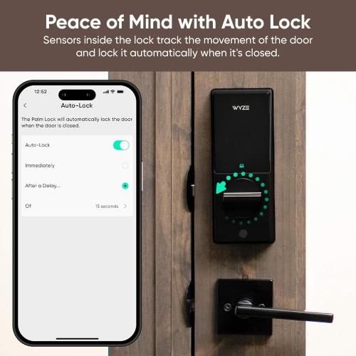 Wyze Palm Lock, Smart Door Lock with Palm Vein Recognition, Keyless Entry Smart Locks for Front Door, Keypad, Auto Lock, Dual Battery, Wi-Fi, Works with Alexa & Google, BHMA, IP53, Mechanical Key