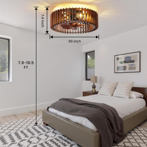 20'' Flush Mount Caged Ceiling Fan with Light, Wooden Low Profile Ceiling Fan with Light and Remote, 6 Speed and Reversible, Farmhouse Bladeless Fan Lights for Bedroom, Kitchen