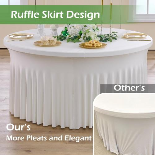 NSSONBEN 8 pk Ivory Round Spandex Tablecloth 72 in with Ruffled Skirt,Wrinkle Free High-Stretch 132 inch Fitted 6ft Cream Table Cloths Round Spandex Table Covers 6ft for Party Wedding Banquet Dinning