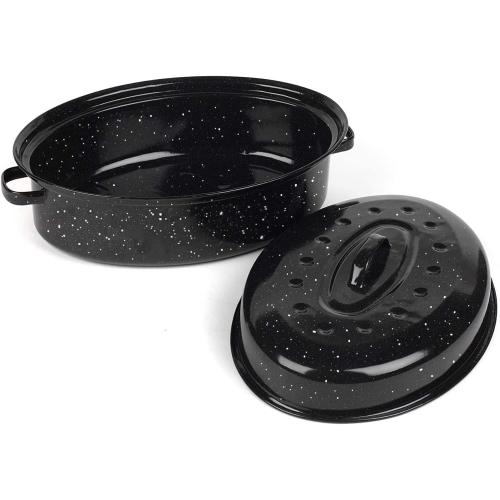 16 Inch Roasting Pan with Lid - Covered Oval Roaster - Enamel Carbon Steel Roaster Pot - Excellent Heat Distribution and Non-sticky - for Turkey Chicken Meat & Vegetables -Birthday and Holiday gifts