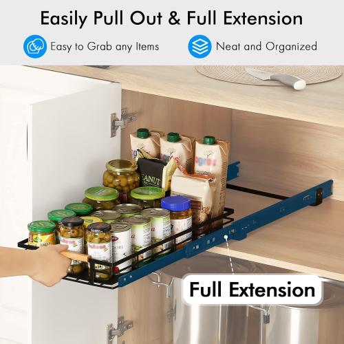 KES Pull Out Cabinet Organizer, 12 Wide Kitchen Bathroom Cabinet Drawer Heavy Duty Under Cabinet Slide Out Organizer Storage Shelves, Wooden Handle with Soft Close Black, KPO501W30D53-BK