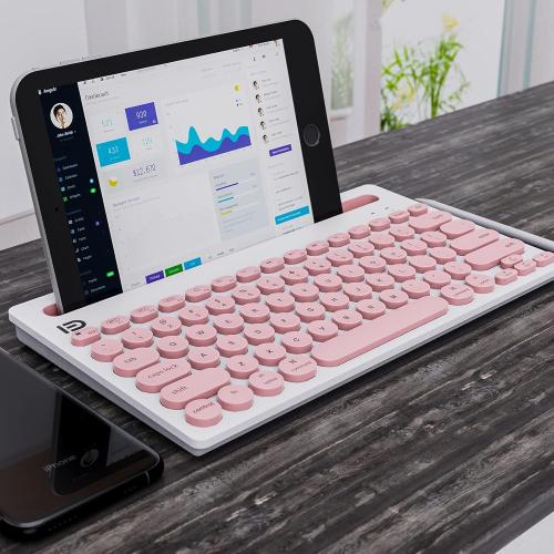 Wireless Keyboard Bluetooth Multi-Device Portable with Integrated Stand Phone Holder - Works with PC, Android and iOS Tablets and Smartphones, Pink