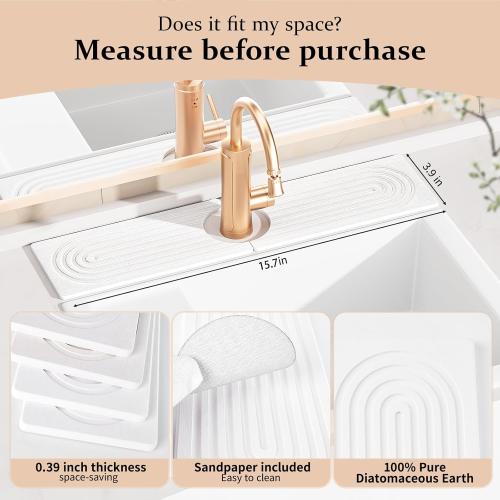 Faucet Mat for Kitchen Sink ，Water Absorbing Stone Tray for Sink，15.7 inches Long Diatomite Fast-Drying Faucet Mat， Faucet Splash Guard for Bathroom Counter