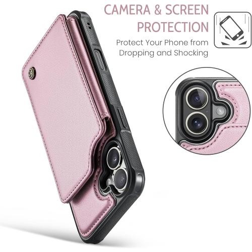 Compatible with iPhone 16 6.1 Wallet Case with Card Holder RFID Blocking for Women Men, Double Magnetic Clasp Kickstand Shockproof Phone Case Fit for iPhone 16, Rose Gold