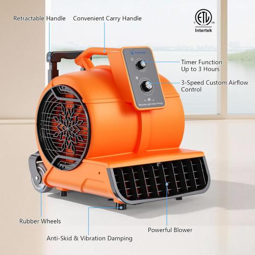 Air Mover 1 HP 4000 CFM Portable Blower Fan Carpet Dryer, Floor Dryer Fan | 3-Speed, 3 Adjustable Angles, Timer, Stackable, Air Mover Blower Fan for Janitorial, Home, Plumbing, Commercial, ETL Listed