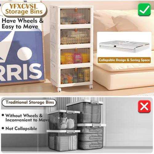 4 Tier Plastic Storage Bins with Lid 23QT, Stackable Storage Containers with Wheels, Folding Storage Boxes, Collapsible Storage Bins, Closet Organizers and Storage for Living Room,Office,Dorm