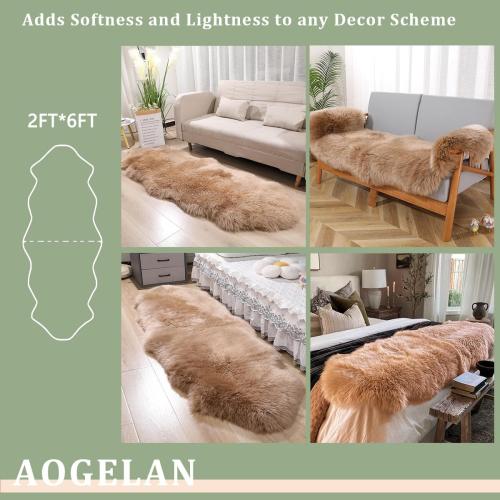 Fluffy Genuine Sheepskin Rug, Fuzzy Shaggy Fur Area Rug, Soft Fur Prayer Pup Mat Carpet, Chair Sofa Seat Cover, Bedroom, Living Room Double Pelts (Light Brown, 2x6ft)