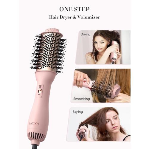 LANDOT Hair Blow Dryer Brush - One-Step Hot Air Brush for Fast Drying Smoothing Volumizing, Ionic Anti-Frizz Delivers Salon Blowout Results, 3 Heat/2 Speed Settings fit All Hair Types, Rose Gold Pink