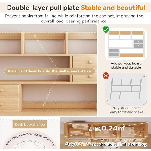 Desk Hutch, Wood Desktop Shelf Organizer with Cubby & Drawer for College Dorm Room, Office Desk Top Bookshelf for Storage
