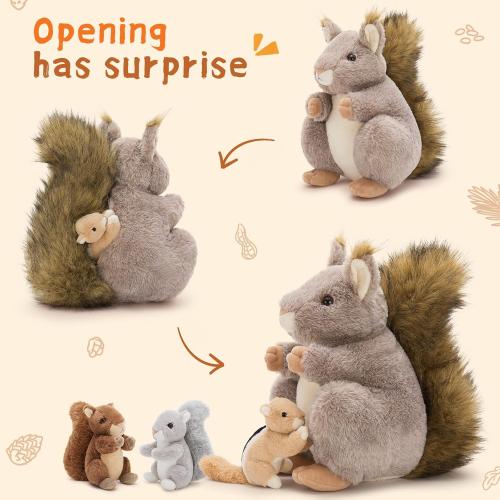 MaoGoLan 4Pcs Squirrels Stuffed Animal, Realistic Squirrel Plush Toys with 3 Baby Squirrels for Small Hand, Adorable Stuffed Squirrels Gift for Forest Animal Lover,Girls,Boys,Kids,Baby Shower