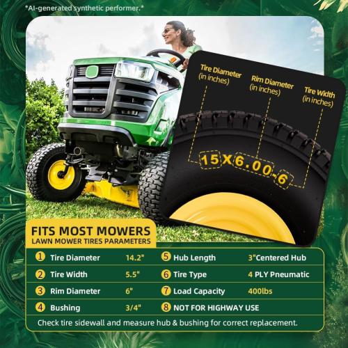 15x6.00-6nhs Lawn Mower Tires (2 Pack),Replacement Riding Lawn Mower Front Tires - With 3 Centered Hub and 3/4 Bushings,Extra 5/8 Bushings(Yellow)