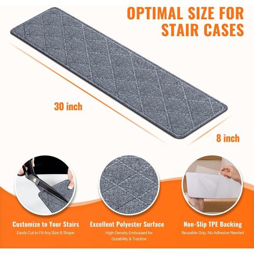 Stair Treads Non-Slip for Wooden Steps, 15Pack - 8 x 30 Edging Stair Runner Indoor for Kids Elders & Pets, Washable Carpet Stair Treads with Peel & Stick Reusable TPE Backing, Grey