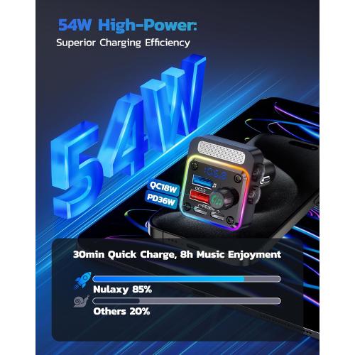 Nulaxy 54W Bluetooth 5.3 Car Adapter, FM Transmitter 4-Port Fast Charging | Wireless FM Radio Music Player with Deep Bass, 5 Colors LED Backlit, Hands-Free Calling, PD&QC Car Charger Support USB Drive