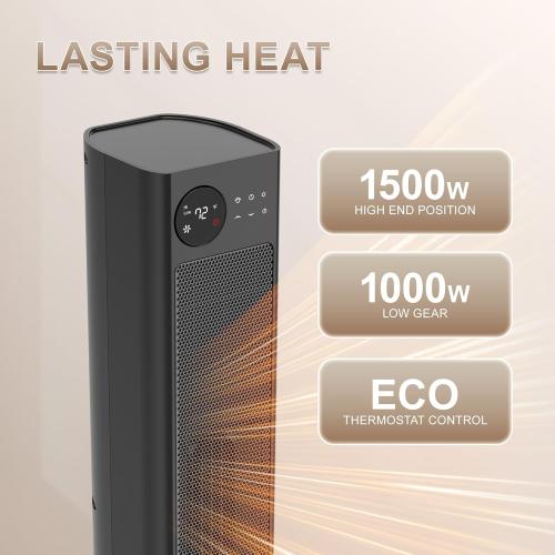 Tower Heater for Large Room 1500W Space Heater with Thermostat Remote 70° Oscillation Child Safety Lock 12H Timer