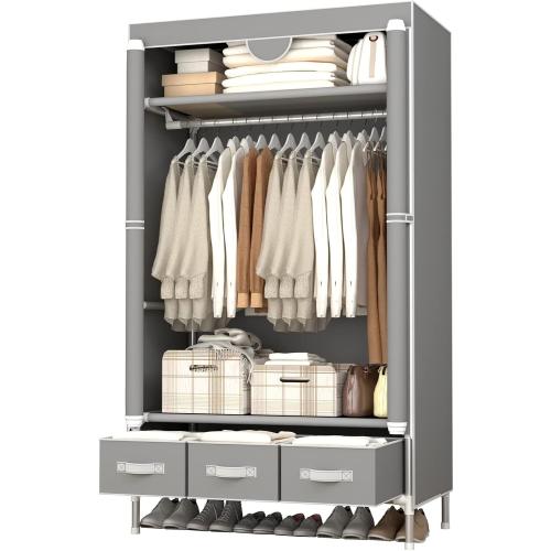 Portable Clothes Closet Rolling Door Wardrobe with Hanging Rack Non-Woven Fabric Storage Organizer with Three Drawer Boxes No-Tool Assembly - 35.4 x 17.7 x 67.0 ‘’ (Gray)