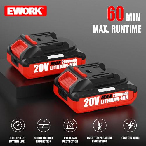EWORK 20V Cordless Lawn Edger with 2 Batteries & Charger, Battery Powered Edger Lawn with 9 Metal Blade, 4 Adjustable Depth, Adjustable Handle, Dual Wheels, for Lawns, Driveways, Sidewalk Edges Red