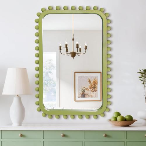 Bathroom Mirror for Wall with Wooden Beaded, 30x20 Rectangular Solid Wood Vanity Mirror for Farmhouse, Bathroom, Bedroom Decor(Green)
