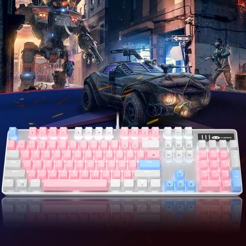Color White and Blue MageGee Mechanical Gaming Keyboard, New Upgraded Blue Switch 104 Keys White Backlit Keyboards, USB Wired Mechanical Computer Keyboard for Laptop, Desktop, PC Gamers