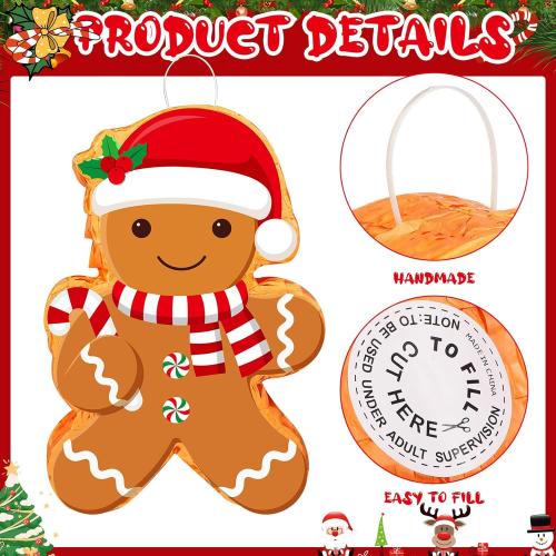 Christmas Gingerbread Man Piñata 16 Inch Mexican Piñata with Stick Blindfold Pack Christmas Prop Bundle for Xmas Birthday Holiday Game Favors Photo Prop Decoration