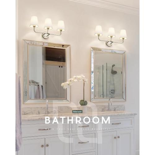 Bathroom Light Fixtures, Brushed Nickel Vanity Lights with Flared White Fabric Shade, 3 Light Wall Sconce, Modern Sconces Wall Lighting for Hallway Bedroom, VL837-BN-3