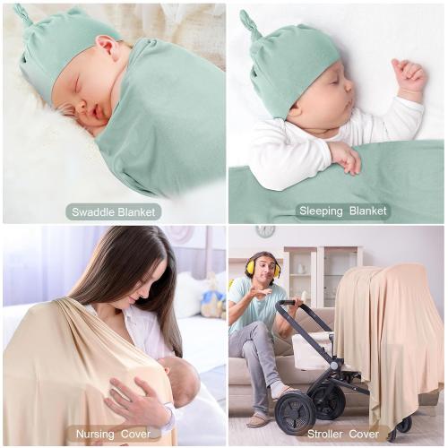 JaGely 2 Pcs Stretchy Baby Swaddle Blankets Set Extra Soft 47 x 47 Baby Newborn Swaddle Blanket and Hat(Green, Apricot)