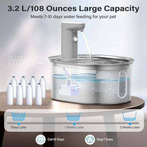 Wireless Cat Water Fountain Stainless Steel, 108oz/3.2L Cat Fountain Battery Operated, Automatic Cordless Water Fountains for Cats Indoor with Auto Shut Off Pump, Pet Water Dispenser for Cats Dogs