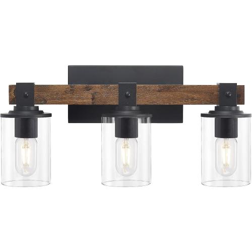 DUJAHMLAND Farmhouse Vanity Light Fixture,3-Light Bathroom Wood Wall Light Over Mirror with Clear Glass Shade, Rustic Vintage Wall Sconce Lighting.(Antique Wood, 3-Light)