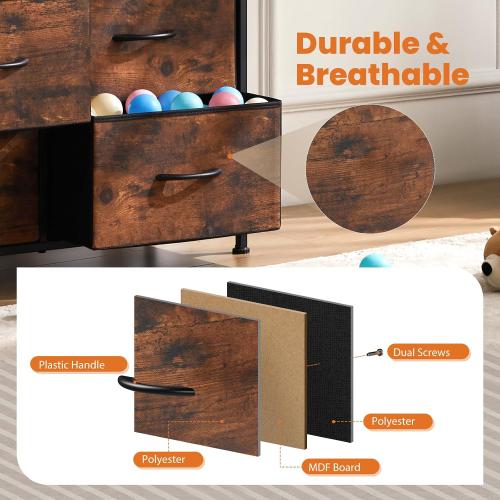 Sweetcrispy Dresser for Bedroom with 9 Storage Drawers, Large Fabric Storage Tower Organizer, Chest of Drawers with Metal Frame Wooden Top for Closet, Living Room, Entryway, Brown