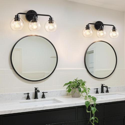 Bathroom Light Fixtures Black Vanity Light, 3 Light Modern Wall Sconces Lighting Bathroom Lights with Globe Clear Glass Shades, Bath Wall Lights Wall Lamp for Mirror Kitchen Living Room Hallway