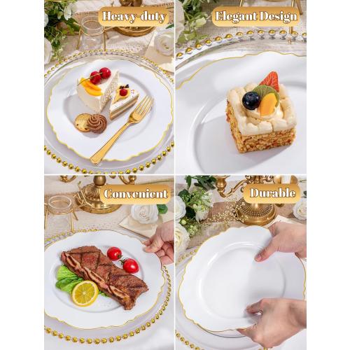 WDF 60pcs Gold Plastic Dinner Plates -10.25inch Baroque White and Gold Plates Fancy Plastic Plates for Upscale Bridal Shower & Wedding & Birthday