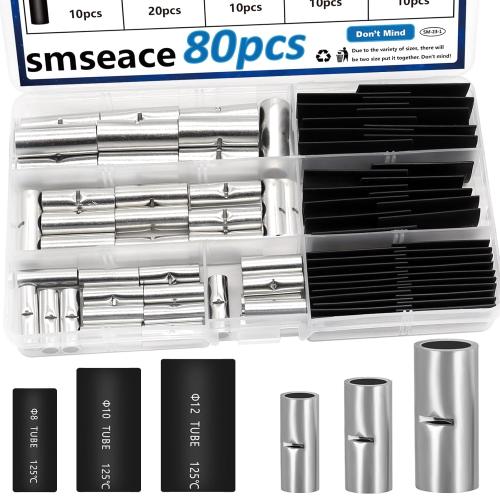 smseace 80pcs 4/6/8AWG Non Insulated Butt Connectors Kit with Heat shrinkable Tube for Wiring 4/6/8 Guage Pure Copper Butt Splice Connectors for Automotive, Marine and Industrial Applications