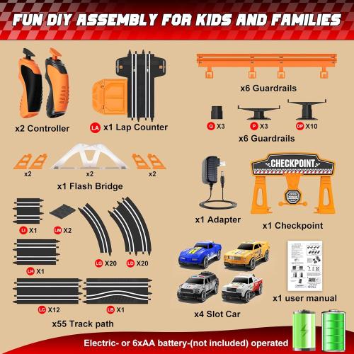 Slot Car Race Track Set for Kids – 29ft Electric Race Car Track with 4 Slot Cars, Dual Racing Tracks, Lap Counter & LED Overpass, Car Track Toy Gift for Boys Ages 6–12