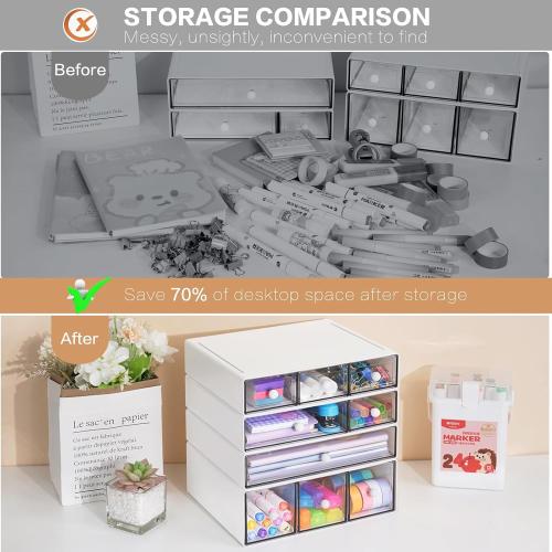 Desk Storage Organizer with 9 Drawers, 4 Tiers Stackable Desktop Craft Storage Drawers, Clear Storage Box Caddy for Stationary Makeup Jewelry Office Craft Supplies (White)