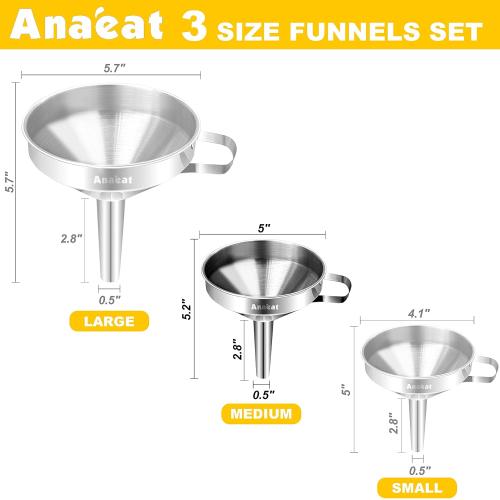 Anaeat Stainless Steel Kitchen Funnel, Multi-Use Premium Metal Food Grade Cooking Funnels with 2 Removable Strainer Filter for Transferring Liquid or Dry ingredients, Oils & 1 Pc Cleaning Brush (5.0)