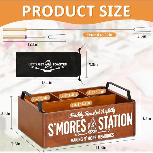 Farmhouse Smores Station, Wooden Smores Caddy with Handles, S'mores Bar Holder with 5Pcs Extendable Smores Sticks, Smores Maker Box for Smores Kit, Outdoor Fire Pit Camping Essentials Cooking (Brown)